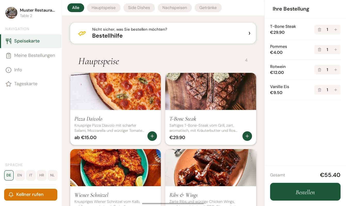 TouchOrder Tablet-Speisekarte mit Kategorien, Produktkarten und Warenkorb